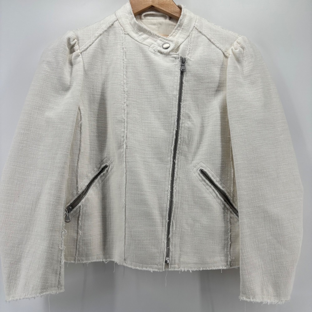 Rebecca Taylor Moto Jacket Womens 2 White Tweed Puff Shoulder Raw Edge Fringe